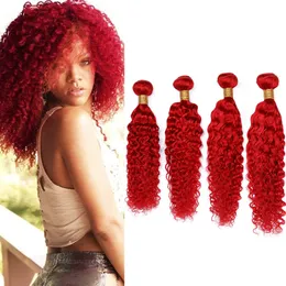 Birght Red Brazilian Deep Wave Weaves Human Hair Bundles Red Color Virgin Hair Extensions Pure Red Deep Wave Curly Human Hair 4Bundles Lot