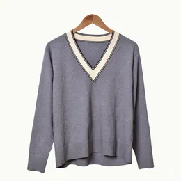 2019 Fall Winter Long Sleeve V Neck Grey Contrast Color Woolen Knitted Panelled Pullover Sweater Women Fashion Sweaters D2616003