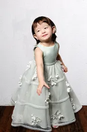 Sage Flower girls Dresses Ankle Length Satin with Tulle Applique