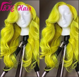 Parrucche anteriori in pizzo sintetico resistenti al calore di colore giallo neon ondulato lungo naturale Parrucche per trucco per feste Cosplay