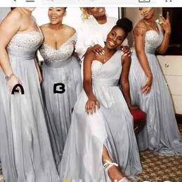 Sier Plus Size Long Brautjungferkleider applizierte Perlen arabische afrikanische Bodenlänge Eine Schulter billige Trauzeugin Ehrenkleid