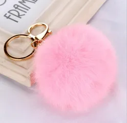 本物のウサギの毛皮のボールキーホルダーのソフトファーボール素敵なゴールドメタルキーチェーンボールPOM POMS Plush Keychain車のキーリングバッグアクセサリーGB1673