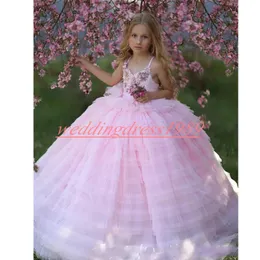 O aniversário da menina Vestidos Rose A-Line Princess Pink 2020 em camadas Flor Girls' formal Vestidos Primeira Comunhão Vestidos Crianças Tutu Pageant para o casamento