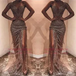 Seksowna afrykańska osłonę Prom Party Dresses Cekinowy jedno ramię Długie rękawy Side Split Evening Party Suknie