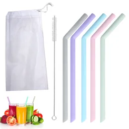 Food Grade Drinking Straw 7Pcs Reusable Silicone Drinking Straws Set Long Flexible Straws Cleaning Brushes Home Kitchen Bar Party Straws