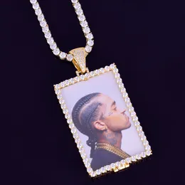 Ny skräddarsydda foto Squar Medaljonger Mäns halsband Hängsmycke med 4mm Tennis Chain Gold Silver Color Cubic Zircon Hip Hop Smycken