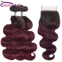 1B/99J Burgundy Brazilian Virgin Ombre Human Hair Weave Bundles With Closure Body Wave Wine Red Colored Extensions And Top Lace Closure 4x4