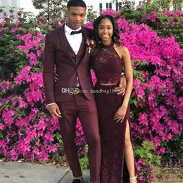 Hot Sale One Button Burgundy Groom Tuxedos Peak Lapel Groomsmen Mens Suits Wedding/Prom/Dinner Blazer (Jacket+Pants+Vest+Tie) K507