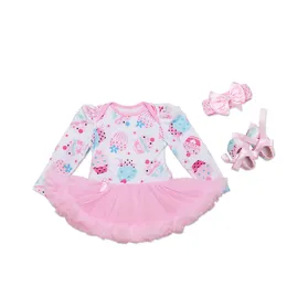 Newest Fashion Newborn Clothing Sets Long Sleeve Baby Girl Dresses Ice Cream Rompers Tutu Dress+Shoes+Headband=3PCS/Set