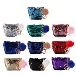 NEW Mermaid Sequin Key Chain Coin Purses With Cute Plush Ball Sequin Glitter Mini Zipper Earphone Coin Wallet Girls Gift