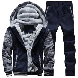 Men Tracksuit Set Winter Fleece Hooded Jacket Pants Sweatshirts 2 Piece Set Hoodies Sporting Suit Coat SportSet Sportswear