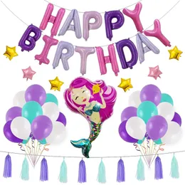 Mermaid Aluminiowa Folia Balon Zestaw Z Tassel Happy Birthday Letter Balony Latex Balloon Toy Urodziny Dekoracji Wedding VT1705