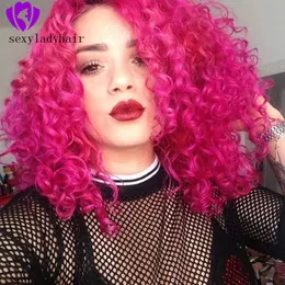 Afryka Kobiety Cosplay Party Styl Kinky Kręcone Koronki Przednie Syntetyczne Peruki Rose Różowy Kolor Brazylijski Glueless Lace Front Wig Pree