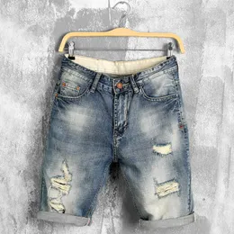 Plus size denim shorts masculino estilo verão buraco jeans nostálgico pés flangeando mendigo shorts na altura do joelho jeans de alta qualidade