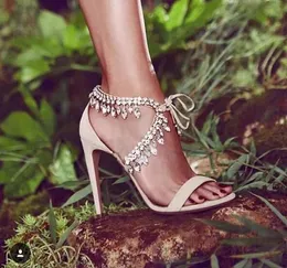 Hot Sale-Diamond Crystal Embellished Fransed Suede Gladiator Sandals Kvinnor Ankel Tie Stiletto High Heels 10cm Women Party Shoes