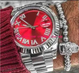2024 Luxury Wristwatch Silver Steel Red Dial Sunburst Diamond Roman 116234 41mm自動メカニカルメンズウォッチ