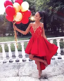 Sexy cintas de espaguete vermelho vestidos de baile de renda apliques de cetim alta baixa plus size trem da varredura festa de baile vestidos de noite robe de soriee