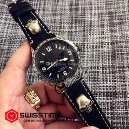 Saldi M79910 Orologio da uomo automatico Retro Totem intagliato Cassa in acciaio Quadrante nero Pelle nera con teschio argento Linea bianca SwissTime B82c3