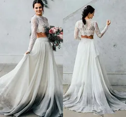 2020 Cheap Summer Two Piece Wedding Dresses with Long Sleeves A Line Chiffon Boho Lace Bride Dresses Beach Style Bohemian