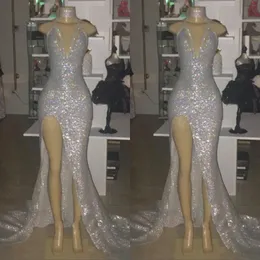 Sexy Głęboki V Neck High Split Prom Dresses 2019 Silver Syrenki Cekiny Afryki Suknie Vestidos Kobiety Arabska Wieczorowa Dress