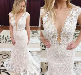 Mermaid Modest Lace Dresses Plunging V Neck Sweep Train 2020 Cap Sleeves Custom Made Plus Size Wedding Gown Vestido De Novia estido