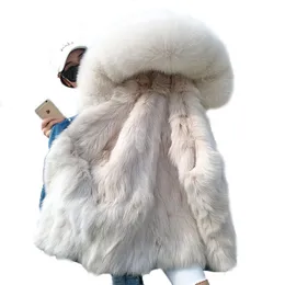 OFTBUY 2019 Kurtka zimowa Kobiety Prawdziwe Fur Coat Parka Real Raccoon Collar Futro Liner Bomber Denim Kurtka Streetwear Ins Moda