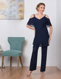 Vintage Mother Off Bride Dresses Pant Suits Two Pieces Navy Blue V Neck Off Shoulder Chiffon Plus Size Custom Wedding Guest Evening Gowns