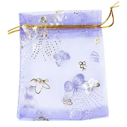 10x12cm 100pcs/lot Purple Butterfly Print Wedding Candy Bags Jewelry Packing Drawable Organza Bags Party Gift Pouches