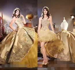 Amazing Gold 2019 Sweetheart Quinceanera Vestidos de baile com trem destacável Apliques de luxo Bola vestido de bola Doce 16 vestido vestidos