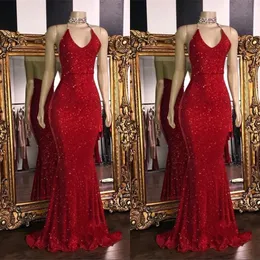 2019 Red Sparkling Sequins Mermaid Long Prom Dresses Halter Beaded Backless Sweep Train Formal Party Evening Gowns