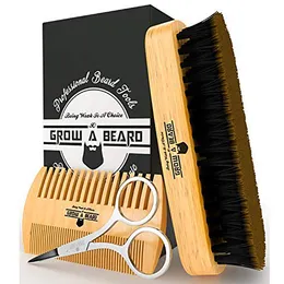 MOQ 100pcs Amazon's Choice Beard Brush & Hair Comb Custom LOGO Wooden Beards Care Kits with Grooming Scissors in Printed Gift Box doe Men