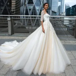 Amazing Lace Beaded Wedding Dresses Appliqued A Line Sheer Bateau Neck Bridal Gowns Half Sleeves Chapel Train Tulle vestido de novia