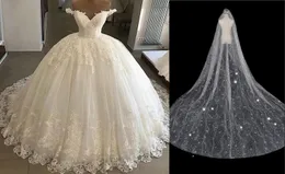 Vintage Vestidos De Novia Casamento 2020 Ballkleid Hochzeitskleid Spitze Applikation aus der Schulter Kurzarm Brautkleider Robe De Mariee tro