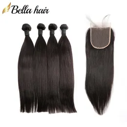 Bellahair 100% Peruvian Human Virgin Hair Weave 4 Bundles with Closure Free Part Hair Extensions 4x4 Top Lace Closures and Weft Natural Color