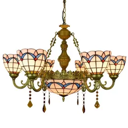 European Style 8 Heads 11 Heads Chandelier Creative Tiffany Color Glass Light Fixture For Bedroom Living Dinning Room Hanging Lamp