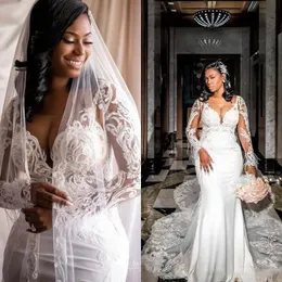 Plus Size Mermaid Wedding Dresses for Black Girls 2019 Sheer Long Sleeve Lace Applique Sweep Train Bridal Gowns Custom Made Vestidos