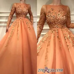 2019 nova chegada laranja sheer mangas compridas vestidos de noite formal com laço apliques uma linha tule longos vestidos de baile de celebridade desgaste