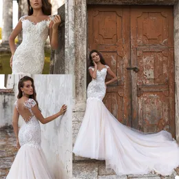 2020 Boho Mermaid Bröllopsklänningar Juvel Ärmlös Appliqued Lace Beaded Bridal Gown Sexig Backless Ruched Tulle Vestidos de Novia Cheap