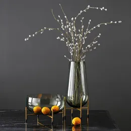 100% New Luxurious Home Decor Art Vase Flower Vases Ornaments Transparent Fruit Basket with Metal Shelf Plants Holder Glass Container