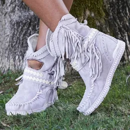 Women Ankle Short Boots Tassels Round Toe Buckle Strap Boots Ethnic Style Warm Non-slip Boots Shoe For Lady Botas