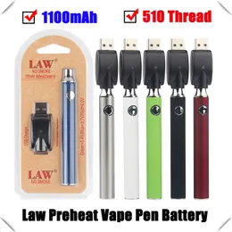 Law 1100mAh Button Variable Voltage Battery 510 Threading Preheat VV Vape Pen 14mm com carregador USB para carrinhos inteligentes
