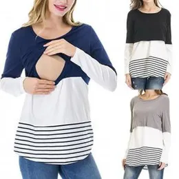 Maternity Tees Lace Striped Nursing Tops Long Sleeve Round Neck Blouses Shirts Breastfeeding Clothes Casual Maternity Clothings OOA6087
