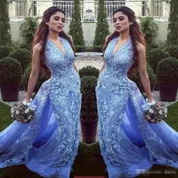 Blue Applique Mermaid Evening Dresses with Overskirt Train Halter Sheath Formal Ocn Wear Prom Party Gowns