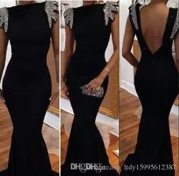 Custom Made Made Lady Formal Dress Black Spandex Mermaid Party Suknia Bateau Cekiny Zroszony Backless Prom Evening Dress Gorset 368