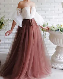 2020 Brown A Line Tulle Off Shoulder Formal Aftonklänning Vit Enkel Prom Dresses Plus Size High Quality Party Gala Grows