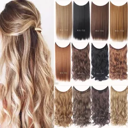 24" Women Invisible Wire No Clips in Fish Line Hair Extensions Straight Wavy Long Heat Resistant Synthetic Hairpiece