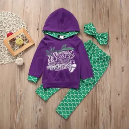 Nya Boutique Toddler Kids Girls Mermaid Hoodie Toppar Byxor Headwear Outfits Kläder 3st Set Baby Girl Cotton Clothes Set
