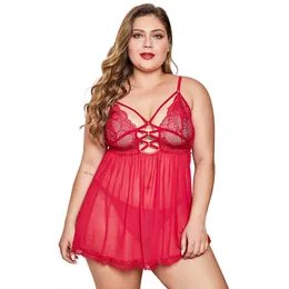 Women Sleepwear Plus Size Sexy Lingerie Feminine Sling Lace Tulle With  Thong Fat Sister Night Dress Black Red From Apparel8296, $22.34