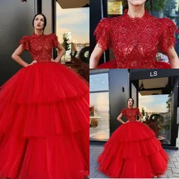 New Red Ball Gown Quinceanera Dresses High Neck Illusion Short Sleeves Lace Crystal Beads Puffy Tiered Sweet 16 Party Prom Evening Gowns
