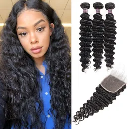 Ishow Deep Wave Kinky Curly Wefts Mänskliga hårbuntar med stängning Brasilianska Virgin Hair Weaves Extensions för kvinnor Alla åldrar 8-28 tum Jet Black Wholesale